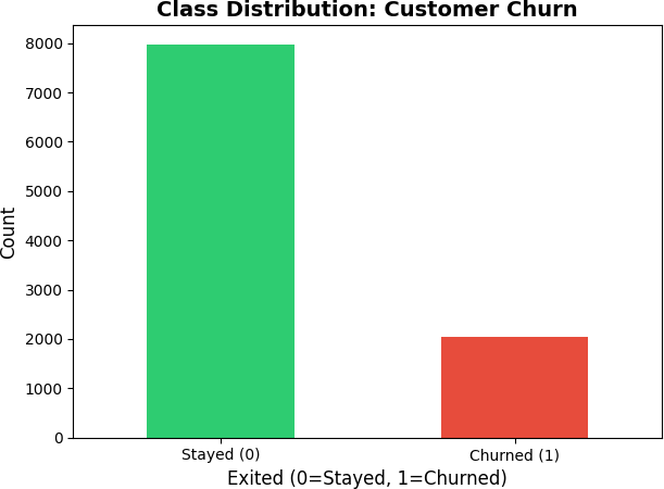 Bar chart showing class distribution: ~8,000 customers stayed (green) vs ~2,000 churned (red).