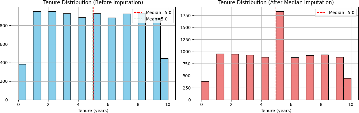 Side-by-side histograms showing tenure distribution before imputation (blue, left) and after median imputation (pink, right). The after chart shows a spike at 5 years where missing values were filled.