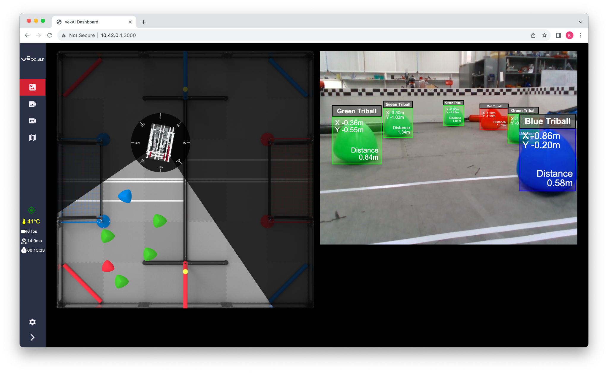 VEX AI Dashboard showing the Sensor Fusion Map's limited spotlight field of view
