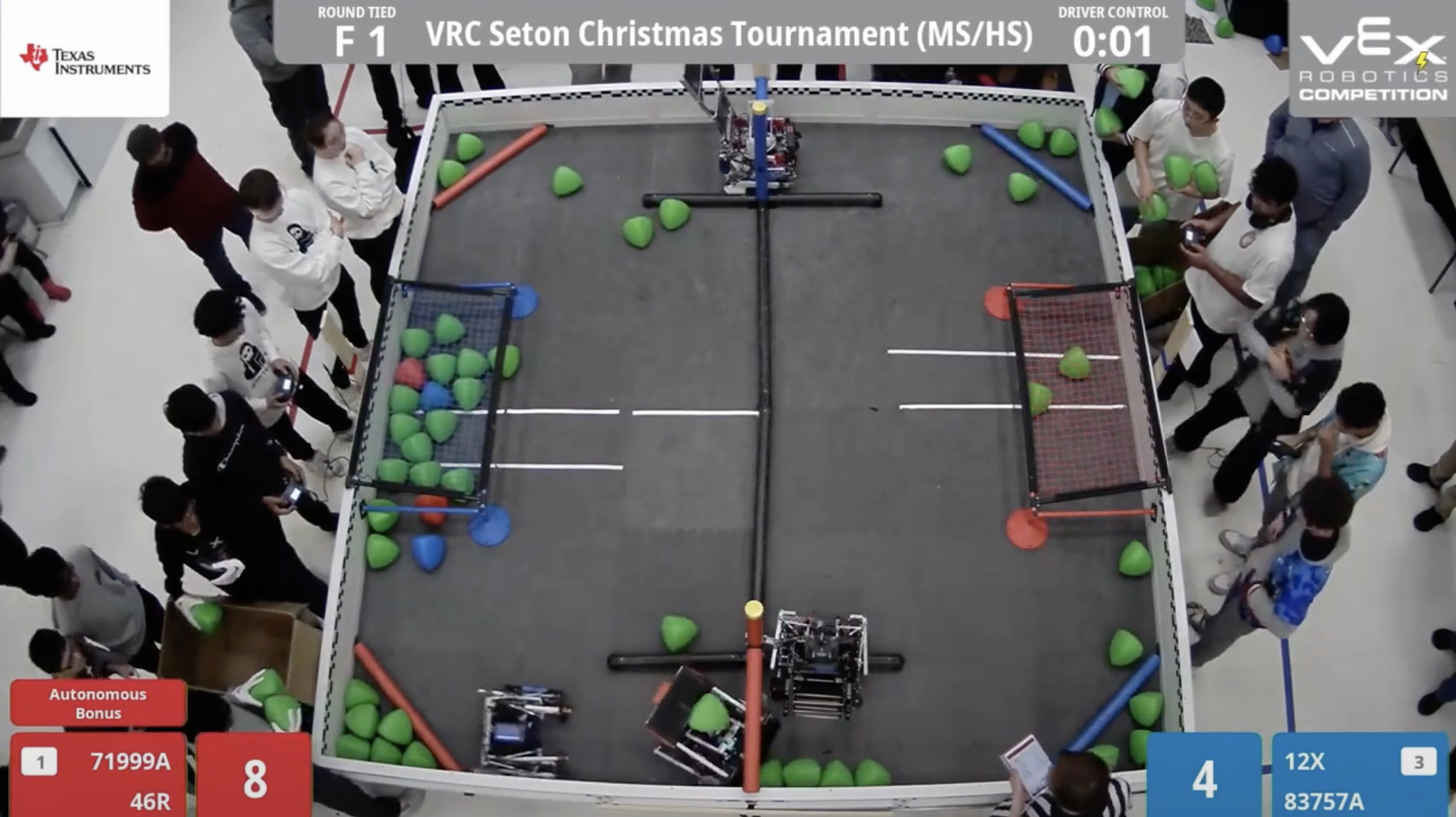 Overhead view of VRC match at final seconds showing scattered field